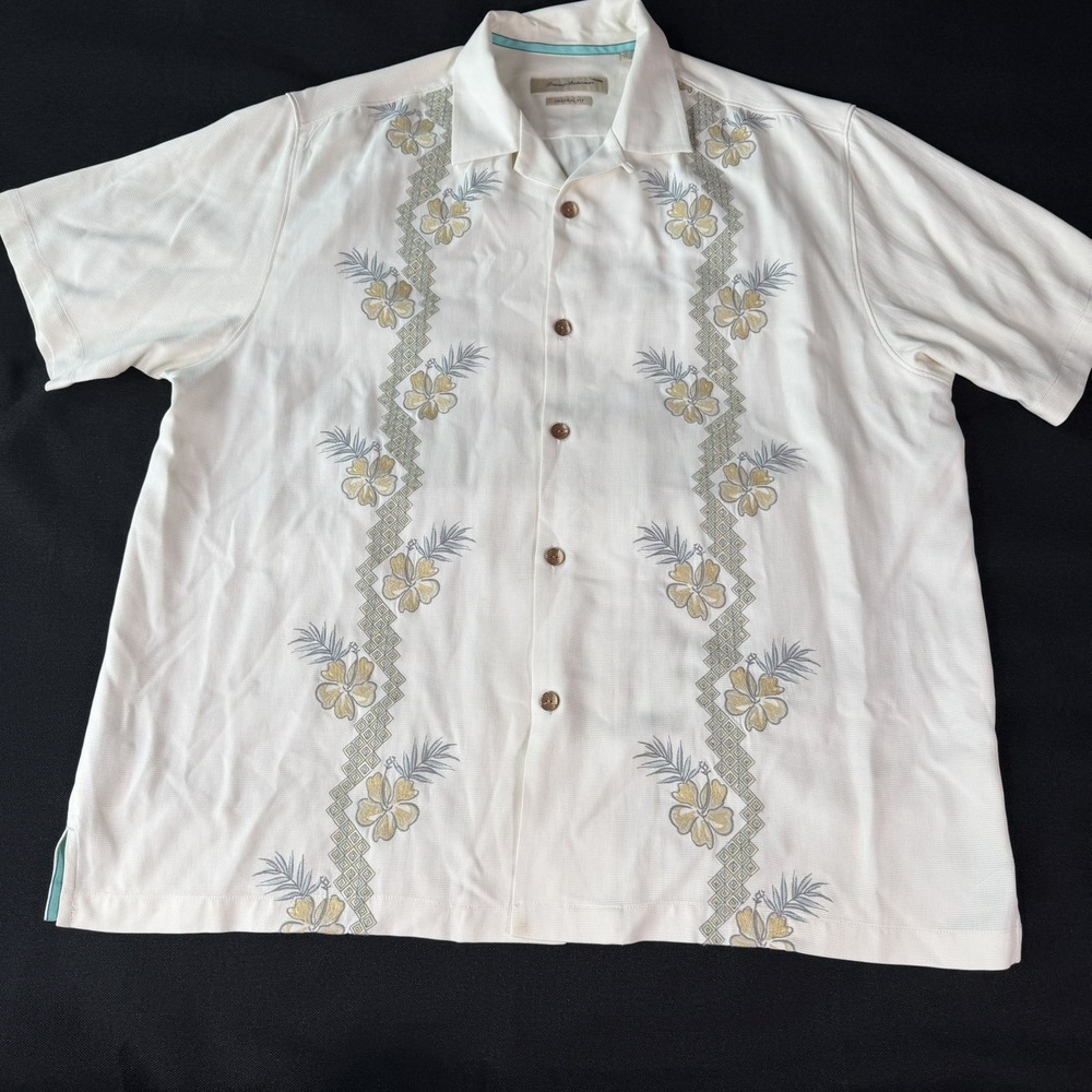 Tommy Bahama Men XXL Silk Camp Shirt Sport Leis Embroidered Vacation Cruise